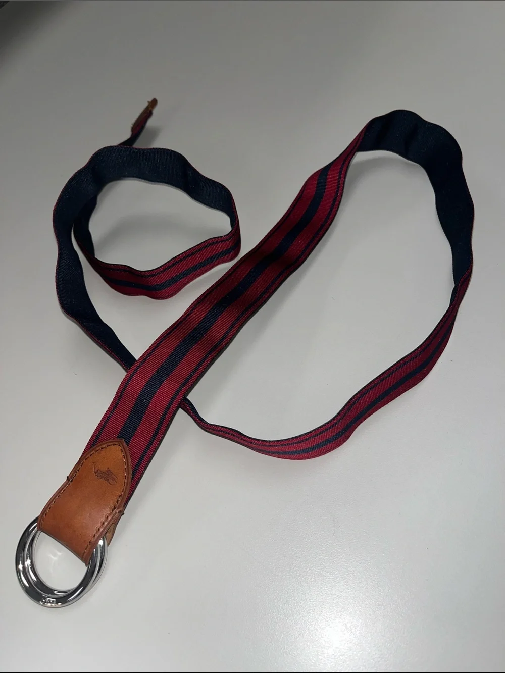Polo Ralph Lauren Red & Navy Striped Fabric Belt w/ Leather Tab reversible